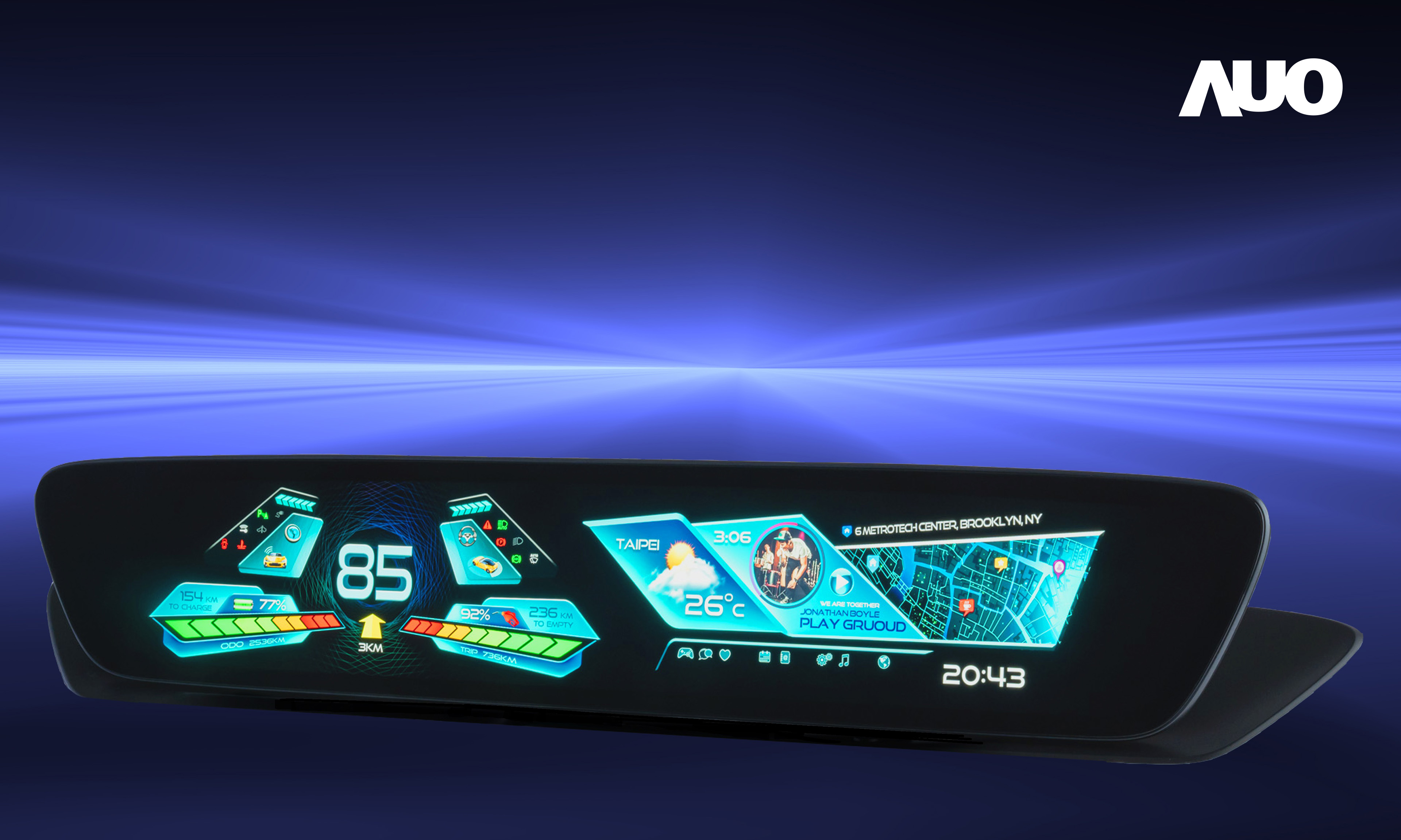 PT视讯(中国区)官网30.4吋異形曲面AmLED車載顯示系統，為一兼具儀表板及中控台人機介面的創新車載顯示系統，結合美學設計，提升車內科技沉浸感及使用體驗，讓車載顯示的未來應用更加多元化